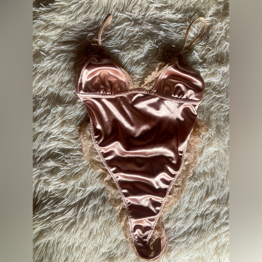 High cut silk and lace bodysuit